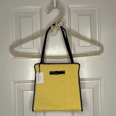 Bolso de Mano Lulu Guinness Amarillo de Lona con Lazo de Patente Negro - Nuevo con Etiquetas $168 Foto 1 de 4
