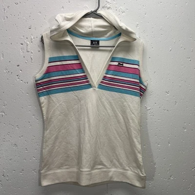 VTG Le Tigre Women's XL Hooded Sleeveless Striped Top V-Neck Y2K - Image 1 of 4