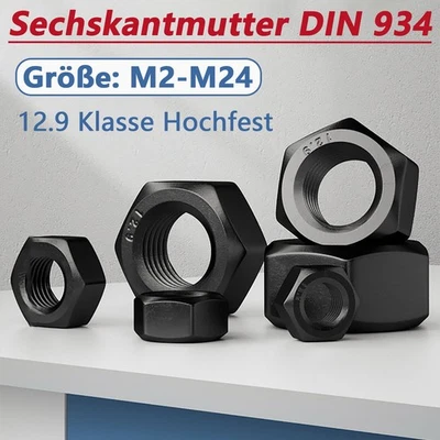 M2/M2.5-M24 Sechskantmutter DIN 934 Schwarz Muttern 12.9 Klasse hochfest Muttern - Bild 1 von 4