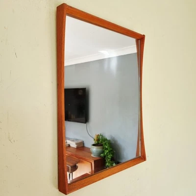 Vintage Mid-Century Curved Deep Frame Mirror Elm Light Wood Danish Scandi Style  - Image 1 of 4
