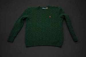 Women Polo Ralph Lauren Cotton Sweater Large L Wool Cashmere Green Cable Knit - Picture 1 of 6