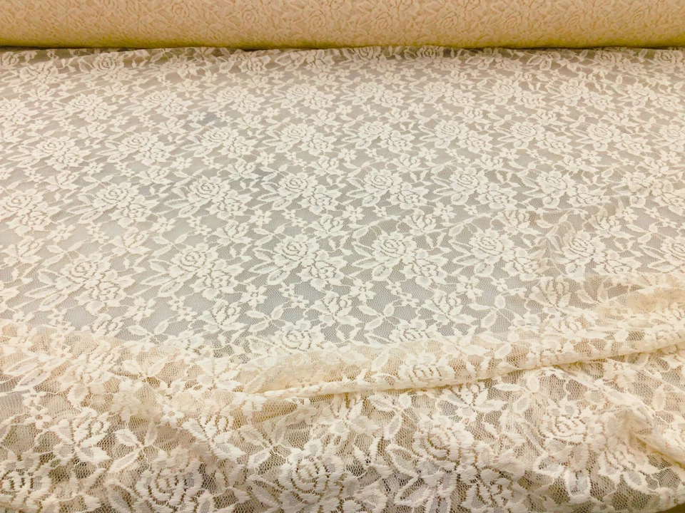 Embroidered Stretch Lace Apparel Fabric Sheer Floral Antique Beige FF310 - Image 1 of 1