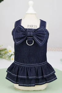 NEW Puppy Jean Denim Skirt Dress Dog Clothes Harness Dress *Bow* Cat Sz Small S - Picture 1 of 4