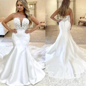 Satin Mermaid Wedding Dresses Strapless Lace Sweep Train Plus Size Bridal Gowns - Picture 1 of 9