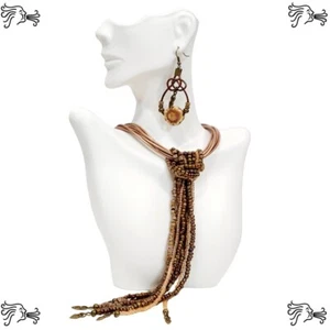 Multistrand Rosy Brown Leather Choker w/ Beaded Strands Necklace & Knot Earrings - Picture 1 of 11
