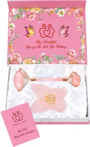 Natural Pink Jade Stone Facial Body Jade Roller + Butterfly Gua Sha Beauty Tool  - Picture 1 of 12