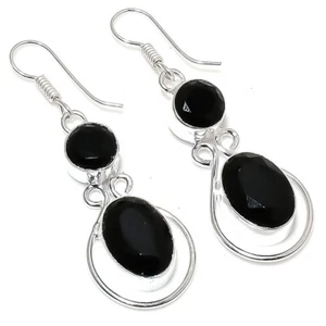 Black Spinel Gemstone Handmade 925 Sterling Silver Jewelry Earring Sz 1.8'' - Picture 1 of 1