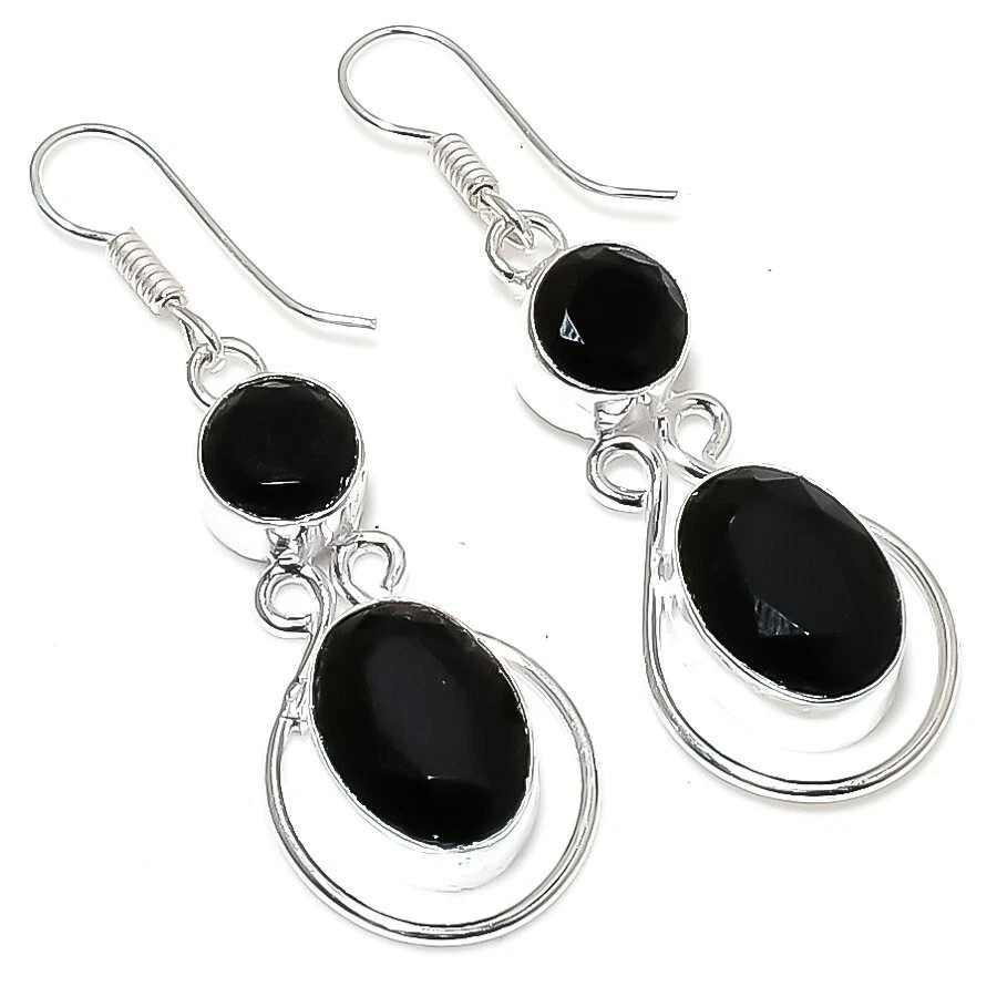 Black Spinel Gemstone Handmade 925 Sterling Silver Jewelry Earring Sz 1.8'' - Image 1 of 1