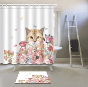 Cute Cat in Flowers Shower Curtain Bath Accessory Sets Polyester Fabric & Hooks - Picture 1 of 11