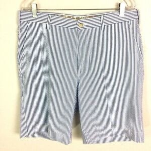 BERLE Men's Seersucker Shorts Blue White Striped Pockets Beach Cruise 36 x 9