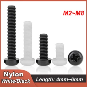 Nylon Plastic Phillips Pan Head Screws Bolts M2 M2.5 M3 M4 M5 M6 M8 Black/White - Picture 1 of 8