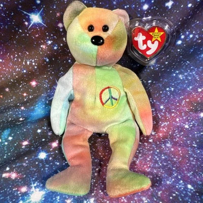 TY BEANIE BABY, PEACE THE BEAR, RARE AND RETIRED IN 1997. RETRO, ICONIC, TIE DYE - Image 1 of 4