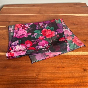 VTG Lightweight Floral Rose Rectangle Scarf 31x12 in Viscose Pink/Purple/Black - Picture 1 of 6