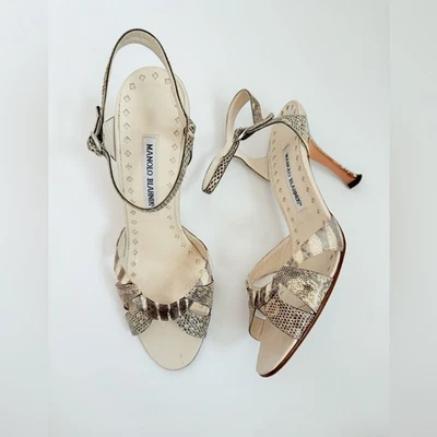 Manolo Blahnik Retro Tan White Brown Snakeskin leather open toe sandals EU 38.5 - Image 1 of 4