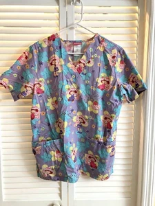 Strawberry Short Cake "Cute N Cuddly" Medical Scrub Top - Women’s Sz SMALL - EUC - Picture 1 of 10