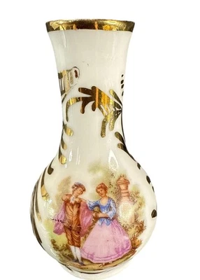 3 1/4” Limoges Courting Couple Miniature Bud Vase Fragonard Gold Accents - Image 1 of 4