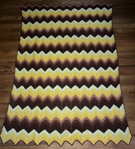 Vintage 70s Handmade Afghan. Brown, Pink, Yellow, White. Crochet. Nice! - Picture 1 of 2