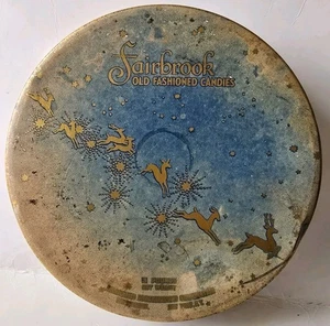 VTG Fairbrook Candies Candy Tin REINDEER CHRISTMAS Holiday Advertising Tin BLUE - Picture 1 of 12