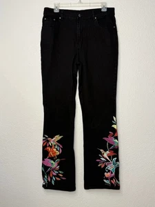Jeans Diane Gilman DG2 nero ricamato taglia 10 colibrì filo colore brillante - Foto 1 di 11