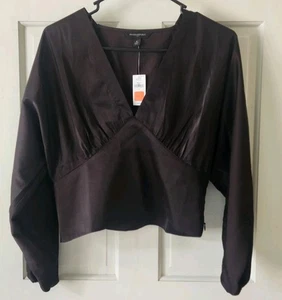BANANA REPUBLIC CROPPED BLOUSANT SLEEVE BLOUSE WOMENS SIZE 6 BROWN SHIRT SATIN - Picture 1 of 12