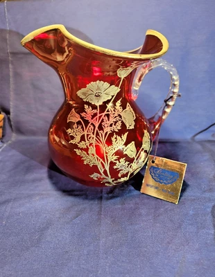 ART GLASS Ruby Cranberry SILVER CITY STERLING on CRYSTAL PITCHER 6" - Image 1 of 4