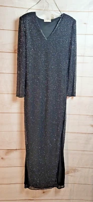 I ~ Scala Formal Gown Long Sleeve V-Neck ~ Beaded ~ Zip Lined ~ Black ~ Sz M - Image 1 of 4