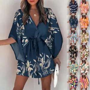 Women Sexy Boho Floral Mini Dress Ladies Summer Holiday Beach V Neck Sundress - Picture 1 of 31