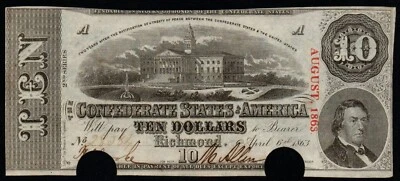 1863 $10 RICHMOND Confederate States of America CUT CANCELLED Note!  AU+ to UNC! - Image 1 of 2