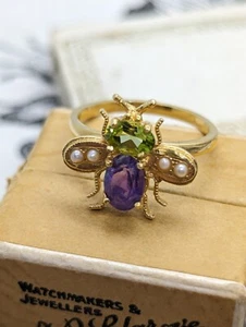 Vintage Suffragette style Bee Ring PERIDOT AMETHYST PEARL 18k Gold on 925 Silver - Picture 1 of 18