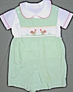 BOY 12 M: BOUTIQUE ROOSTER-SMOCKED CHECKED ~ROSALINA~ JON JON ROMPER & SHIRT - Picture 1 of 2