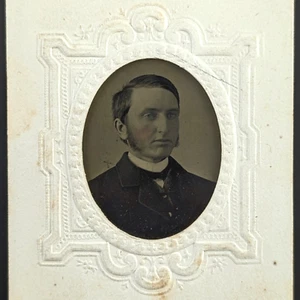 1860s Tintype Photo Young Handsome Man Embossed Paper Frame - Picture 1 of 4