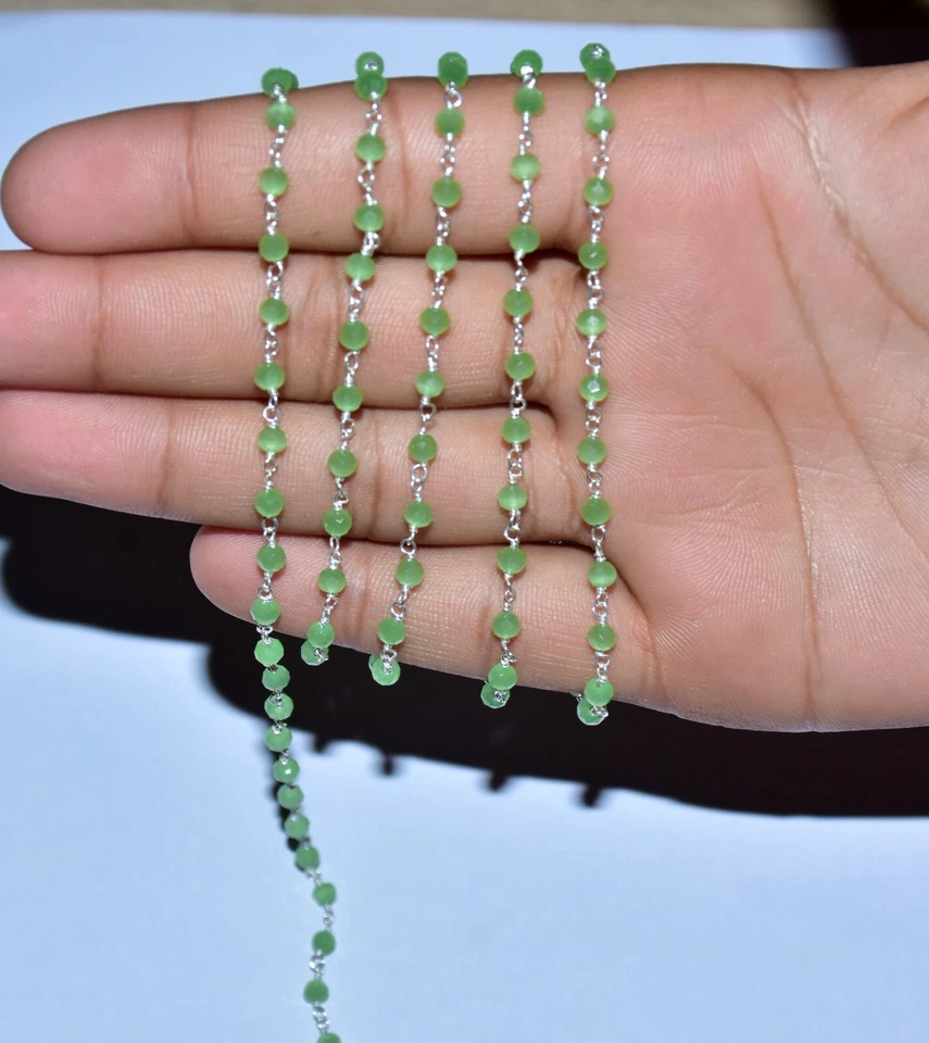 Cadena rosario con cuentas de alambre de plata 925, cadena rosario a granel cuentas de vidrio prehnita de 3 mm Foto 1 de 4