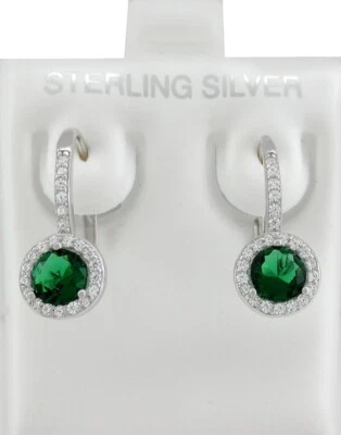 LAB CREATED EMERALD & WHITE SAPPHIRE DANGLE EARRINGS .925 Silver - New With Tag - Image 1 of 4