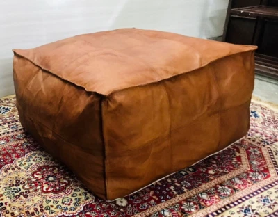 Leather Pouffe Genuine 30'' Square New Moroccan Ottoman Unstuffed New Brown Pouf - Image 1 of 4