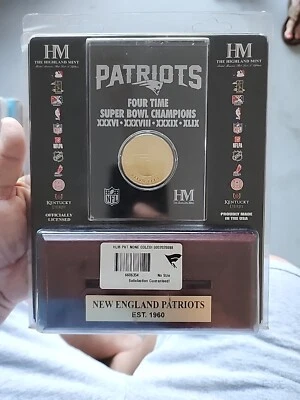 New England Patriots 4x Gold Coin Highland Mint W/Wood Base NIP  Rare! Foto 1 de 3