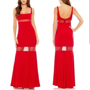 NWT Ieena Mac Duggal Red Sheer Mesh Panel Detail Column Gown Maxi Dress Sz 4 - Picture 1 of 13