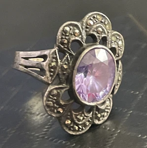 Vintage Cocktail Ring Sterling Silver Faux Amethyst Size 6.25 Marcasite Filigree - Picture 1 of 10