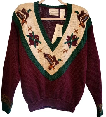 Suéter Vintage Deadstock Jantzen Mujer Bordado Pato Borgoña Verde Pequeño Foto 1 de 4
