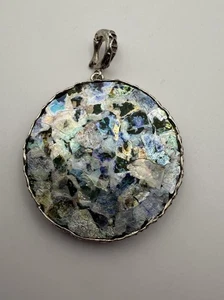 Anhänger groß rund Mosiac Verstärker Sterlingsilber blau grau weiß - Bild 1 von 5