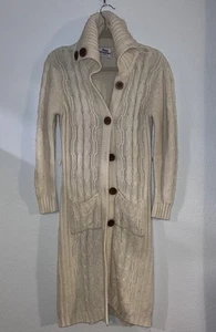 Vtg Hippie Boho Ivory Long Chunky Cable Cowel Cardigan Sweater Wood Buttons M - Picture 1 of 9
