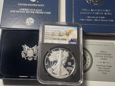 2025 W Silver Eagle Army 250 aniversario privado NGC PF69 ¡con certificado de autenticidad y OGP! % Foto 1 de 2