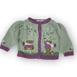 Cárdigan Suéter Vintage Segundo Paso Verde Azulado Púrpura Osos Niñas Pequeñas Talla 18m - Imagen 1 de 9