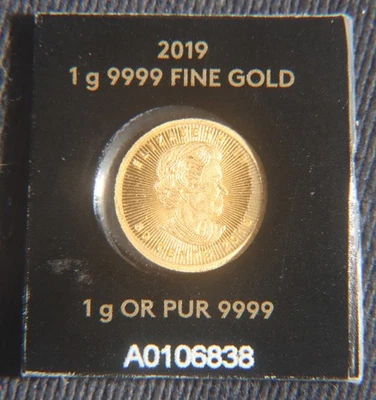 2019 1 GRAM CANADA MAPLE LEAF  .9999 FINE GOLD IN SEALED CARD  LOT 160236 - Image 1 of 3