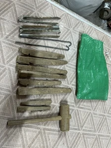 Vintage Army Wooden Pegs & Mallet, Tent Pegs in bag, Ex Military #131 - Picture 1 of 7