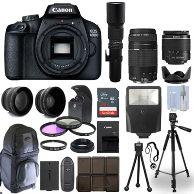 Canon EOS 4000D / T100 DSLR Camera + 5 Lens Kit: 18-55mm+ 75-300mm+ 500mm & More - Image 1 of 4
