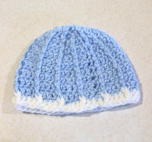 Crochet Baby Blue White Trim Ribbed Stocking Cap 16"-18" Doll - Picture 1 of 1