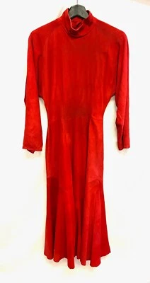 VAKKO Red Suede Leather Cut-Out Open Back Pleated Midi Skirt Dress 8 Vintage USA - Image 1 of 4