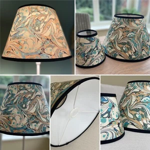 Marbled Ocean Paper Lamp Shade Tapered Conical Blue Green Cream Taped Edge/Trim - Picture 1 of 12