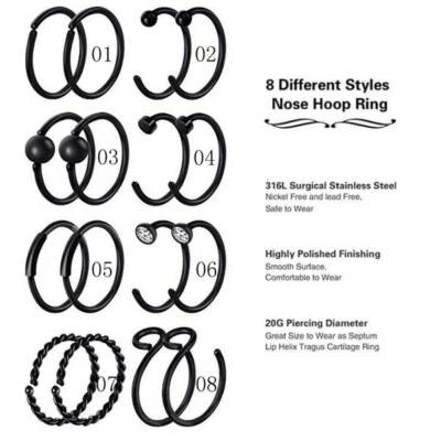 Pair 20G Surgical Steel Nose Rings Hoop Helix Tragus Cartilage Ring Lip Earring - Image 1 of 4