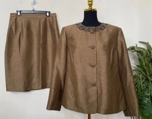 Nipon Boutique Women’s Embellished Beaded Brown 2 Pc Skirt Suit Sz 14W EUC! $280 - Picture 1 of 9